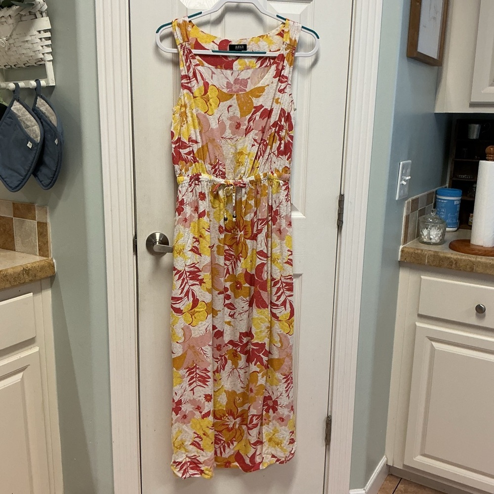 A.N.A SZ M Maxi Dress Tropical Floral Tank Dress Draw String Waist Red, Yellow